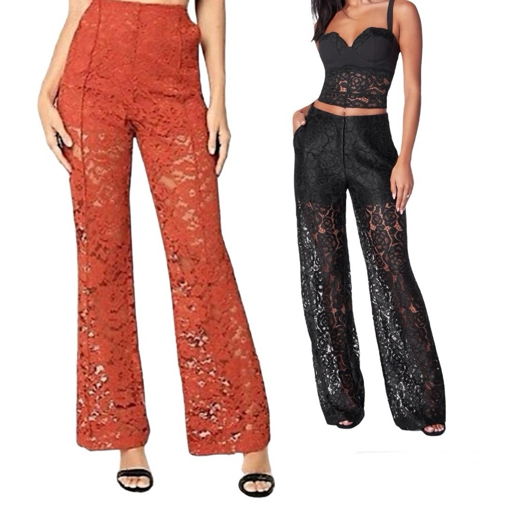 Bebe Red Lace Pants Wide Leg Trouser 2 High Rise Illusion Lined Sexy Party Boho